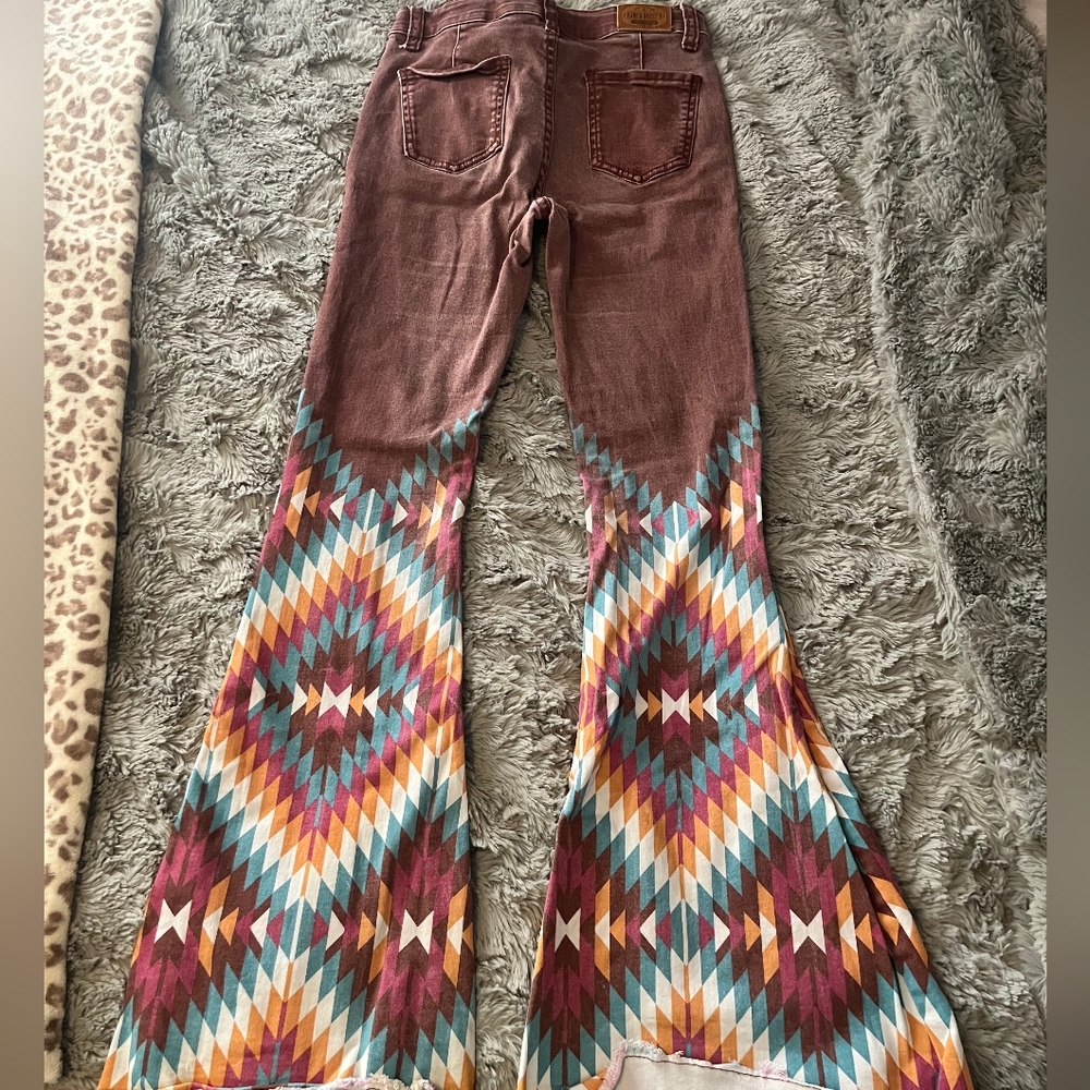 Boho Brown Aztec-Print Flare Jeans